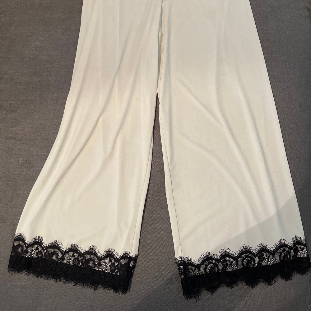 White silk capris with lace accent